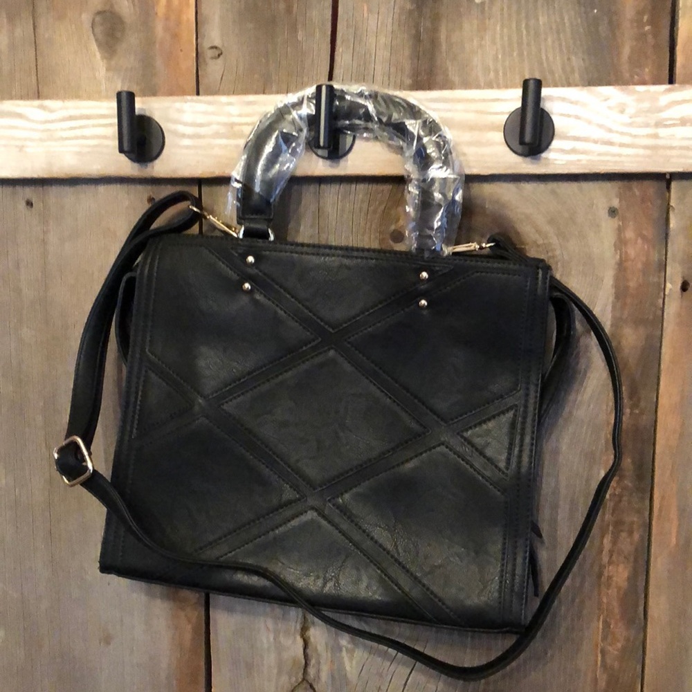 Pink Haley Black Faux Leather Patchwork Crossbody Satchel Bag Purse Tote